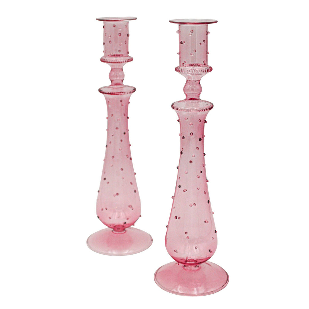 Hand Blown Fluted Candle Holder in Pink, S/2