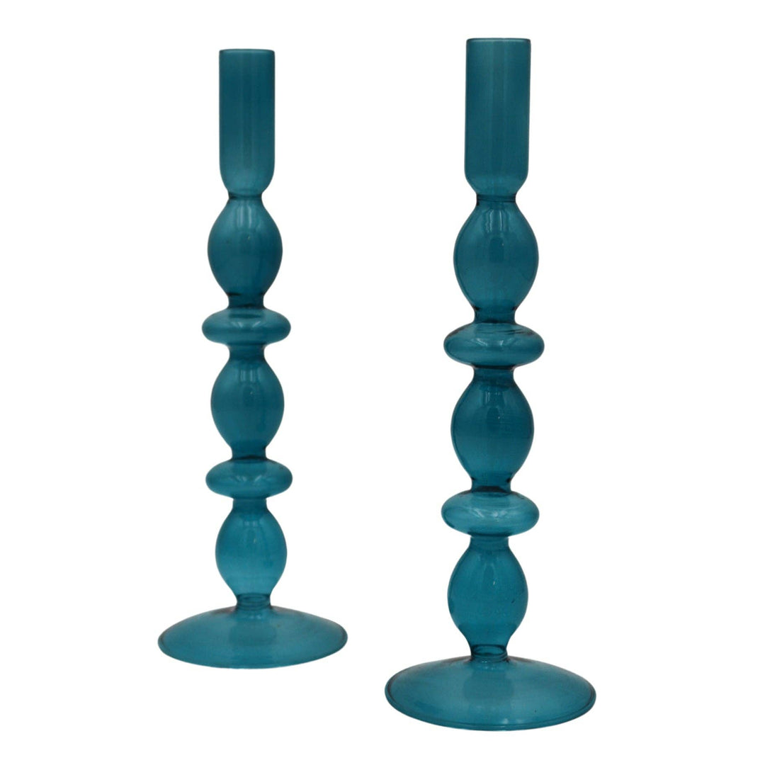 Glass Candle Holder in Azure Blue, S/2