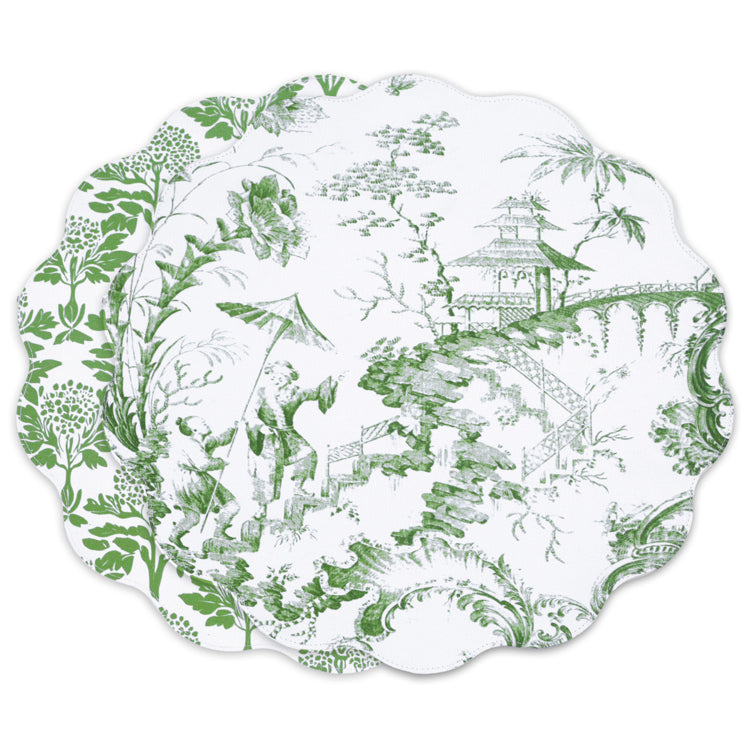 Chinoiserie Reversible Round Placemats in Green, Set of 4