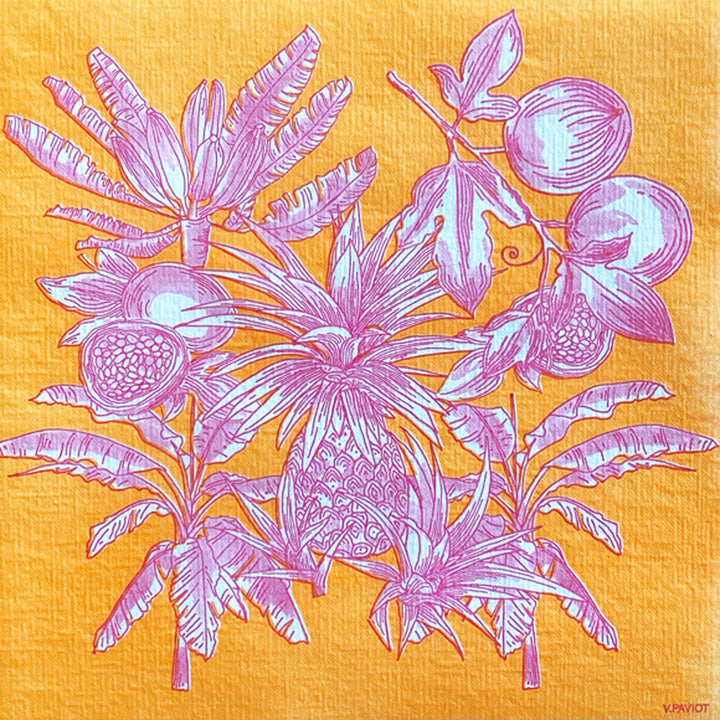 French Disposable Linen Cocktail Napkins, Orange and Purple Floral