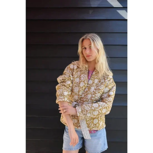 Short Quilted Jacket, Floral Block Print