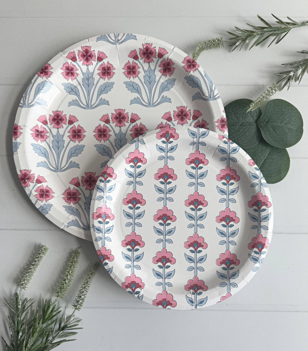 Pink & Blue Floral Block Print Dinner Plates