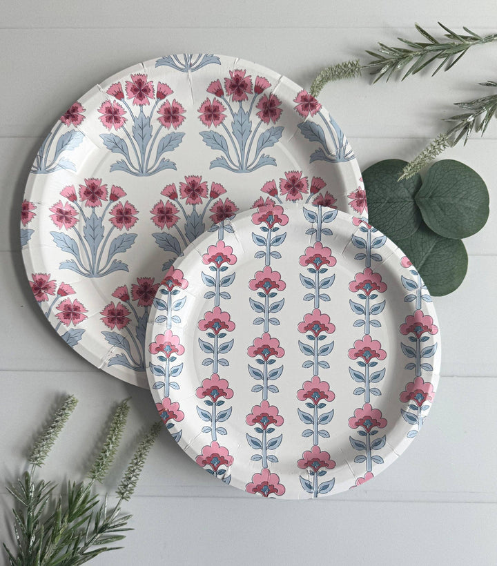 Pink & Blue Floral Block Print Dinner Plates