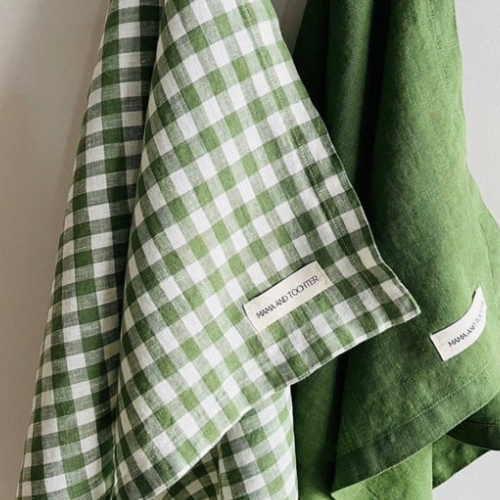French Linen Tea Towel, Green Gingham