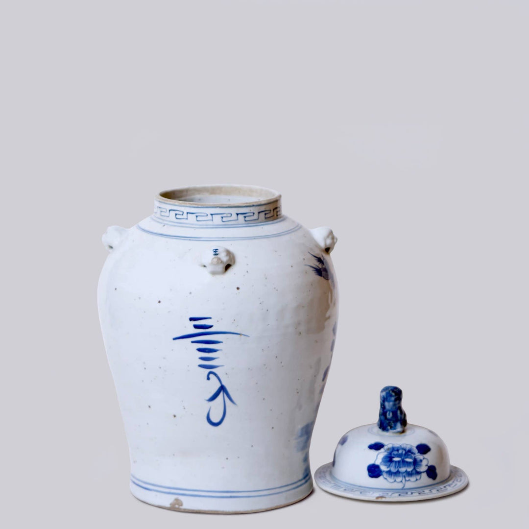 Blue and White Bird and Flower Temple Jar