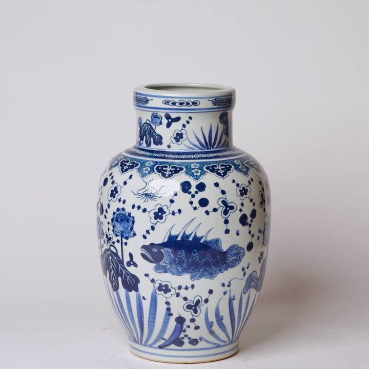 Blue and White Fish and Lotus Vase