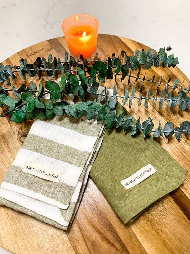 French Linen Tea Towel, Olive Stripe