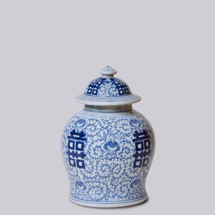 Blue and White Double Happiness Temple Jar