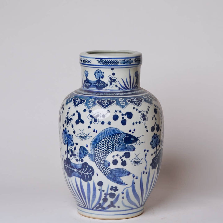 Blue and White Fish and Lotus Vase