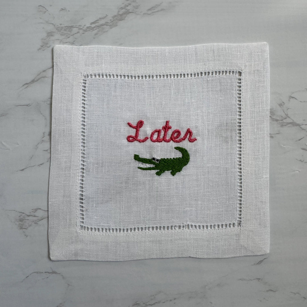 "Later Gator" Embroidered Linen Cocktail Napkins