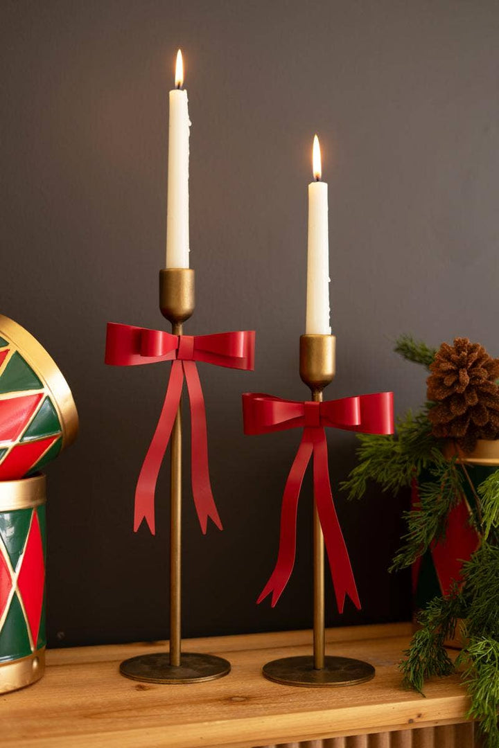 Iron Christmas Bow Candle Holders S/2