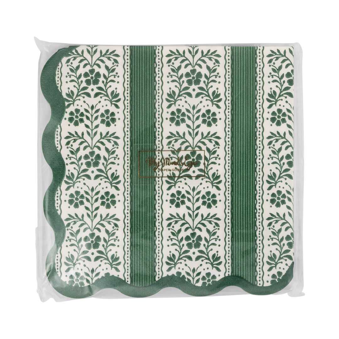 Floral Stripe Christmas Cocktail Napkins, Green