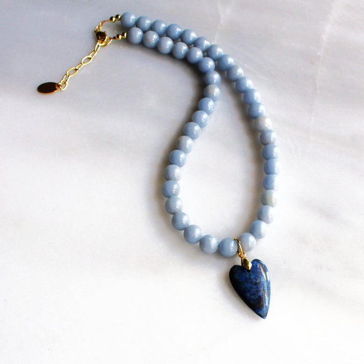 Blue Beaded Necklace with Lapis Heart Pendant