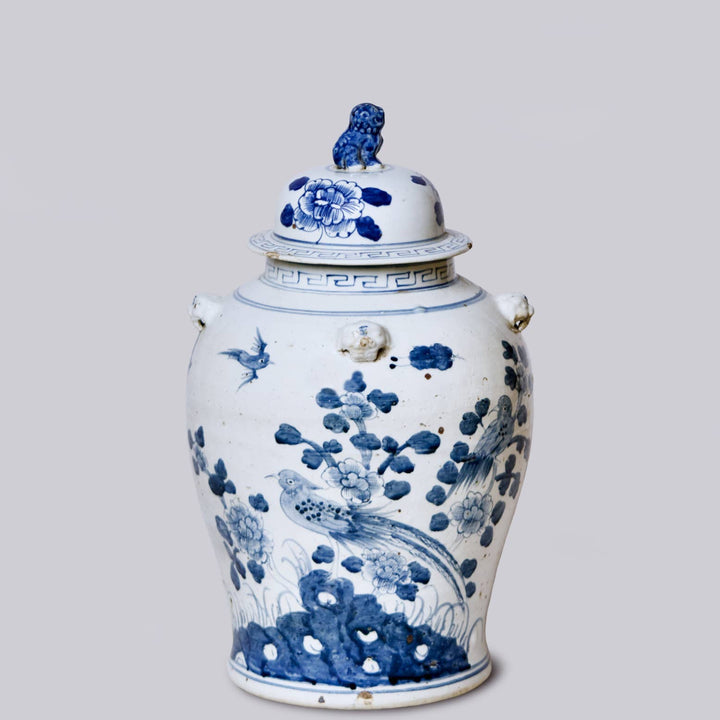 Blue and White Bird and Flower Temple Jar