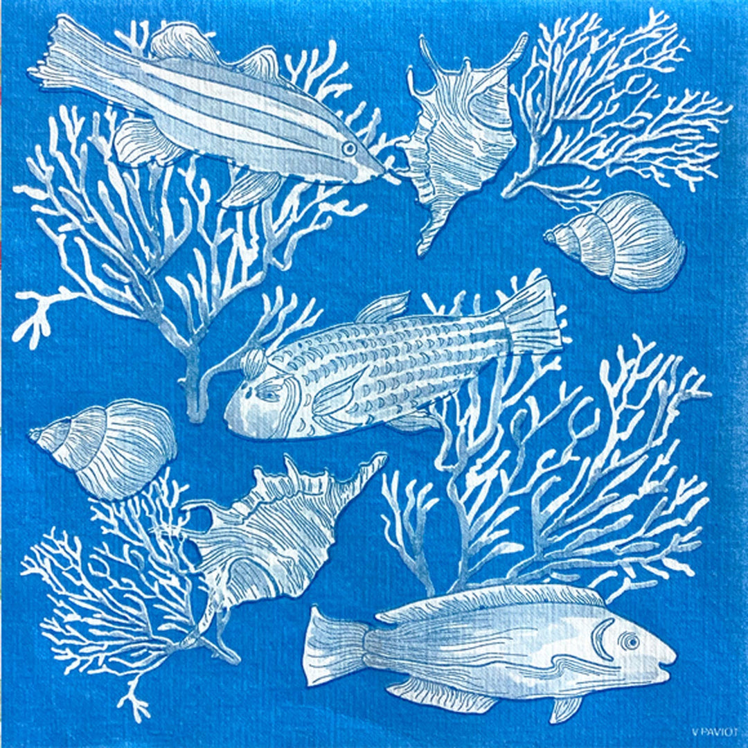 French Disposable Linen Cocktail Napkins, Blue Coral