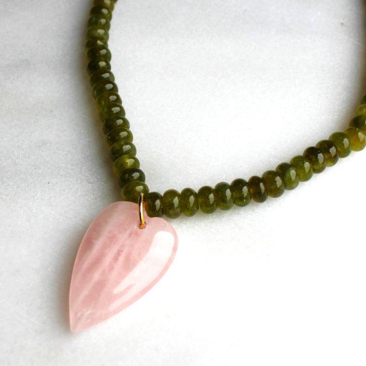 Rose Quartz and Jade Beaded Necklace with Heart Pendant