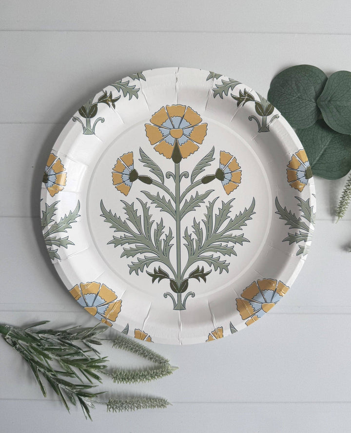 Bold Amber Floral Block Print Dinner Plates