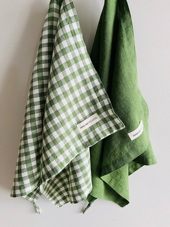 French Linen Tea Towel, Green Gingham
