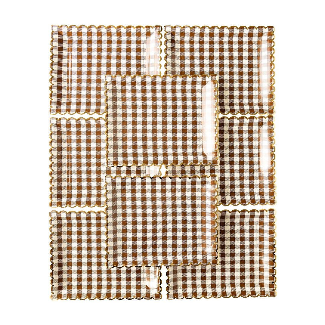 Gingham Scalloped Plates, Brown