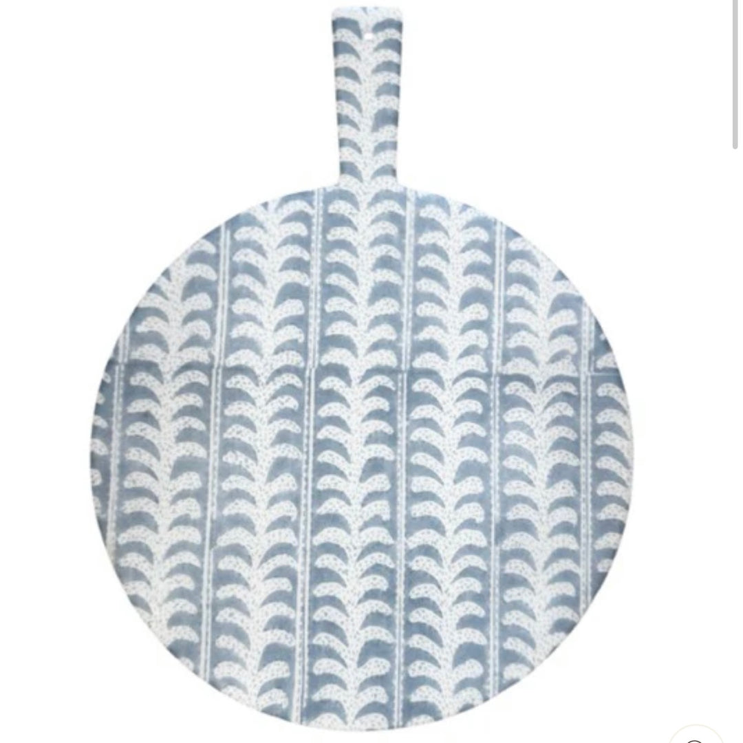 Custom H+H Charcuterie Board in Blue & White Block Print, 16" Round