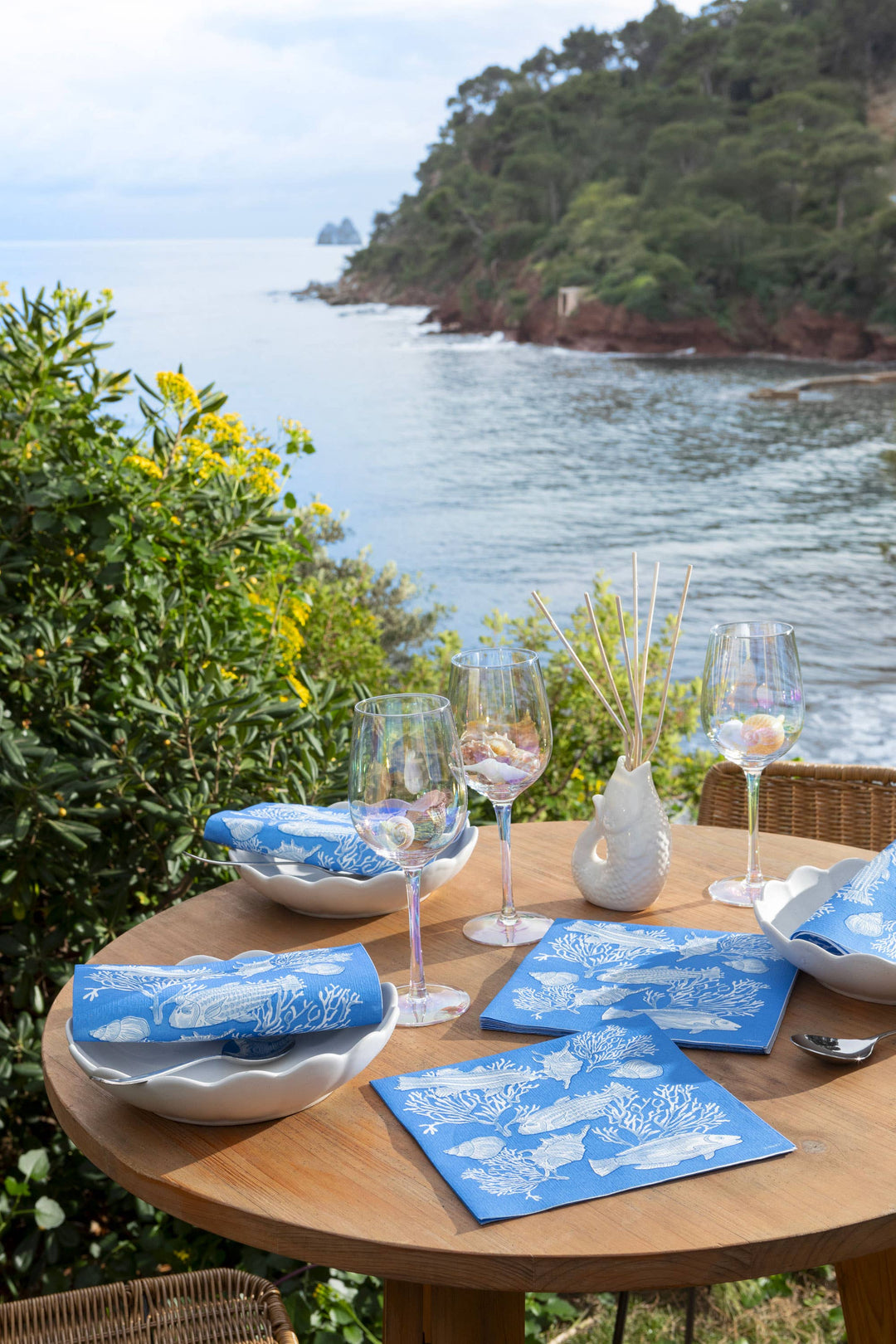 French Disposable Linen Cocktail Napkins, Blue Coral