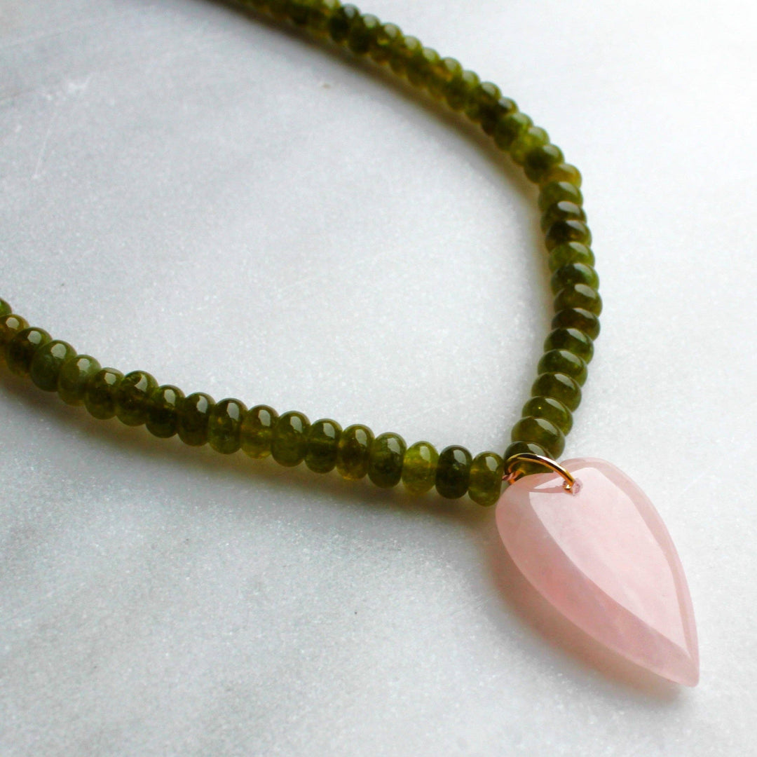 Rose Quartz and Jade Beaded Necklace with Heart Pendant