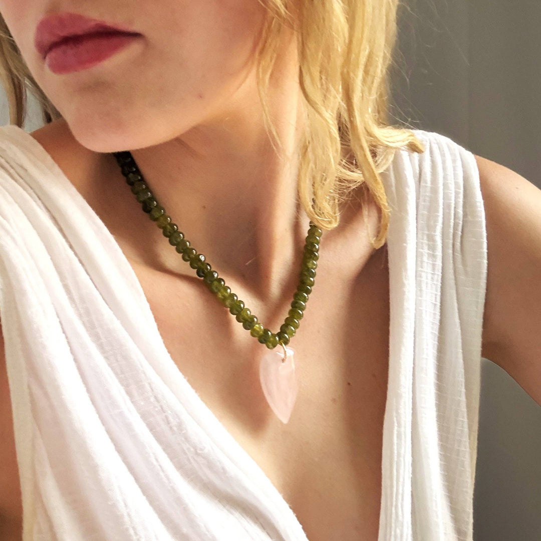 Rose Quartz and Jade Beaded Necklace with Heart Pendant