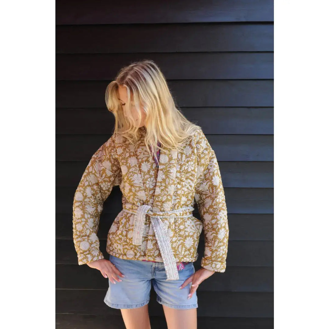 Short Quilted Jacket, Floral Block Print