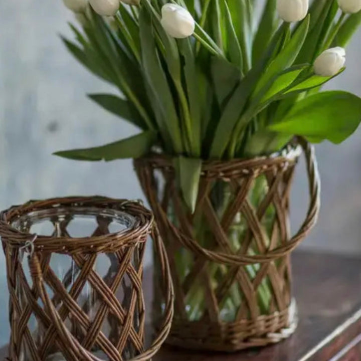 Wicker and Glass Vase, Assorted Sizes