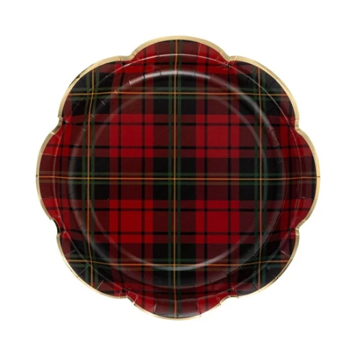 Christmas Plaid Round Scalloped Plates, Red
