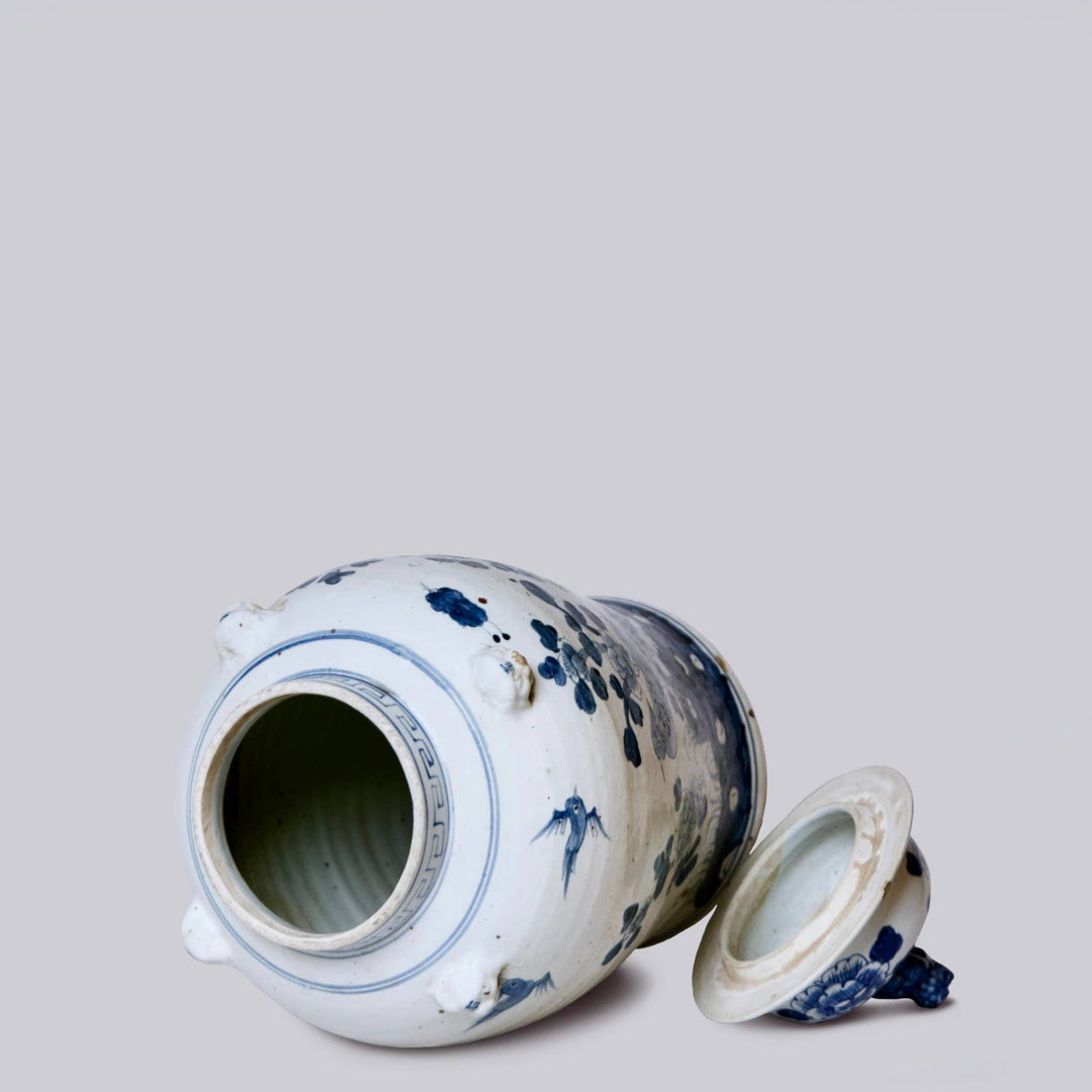 Blue and White Bird and Flower Temple Jar