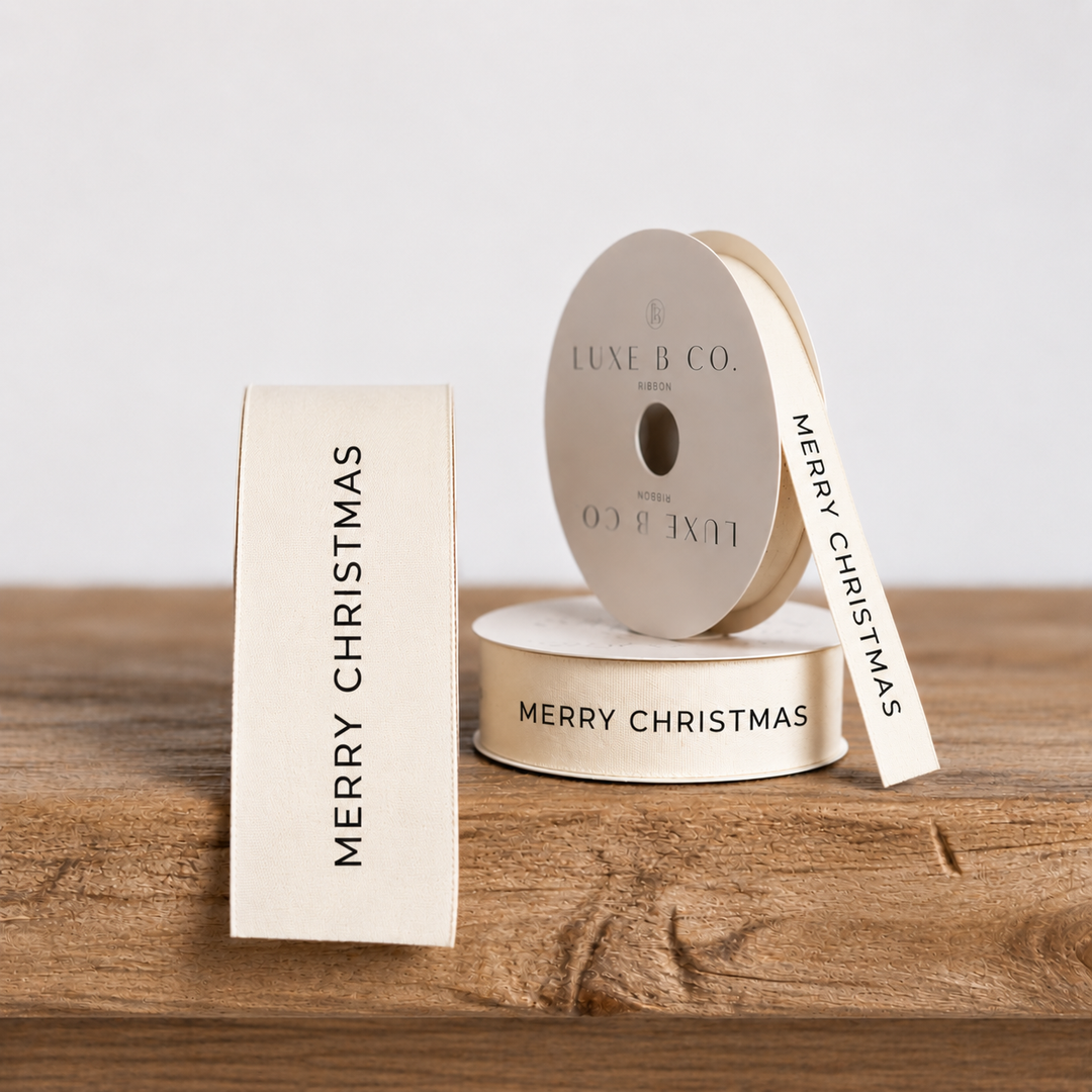 Merry Christmas Ribbon in Cream, 0.35" W