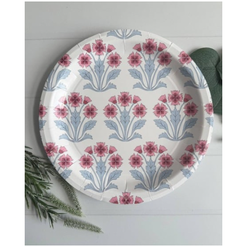 Pink & Blue Floral Block Print Dinner Plates
