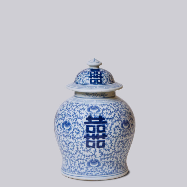 Blue and White Double Happiness Temple Jar