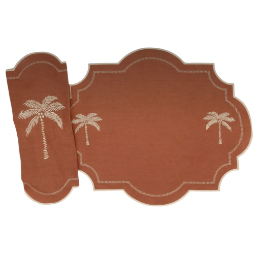 Embroidered Palm Placemats in Cocoa, S/4