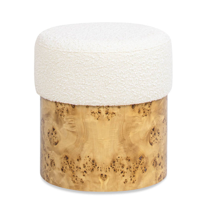 Burl Wood Upholstered Ottoman, Round