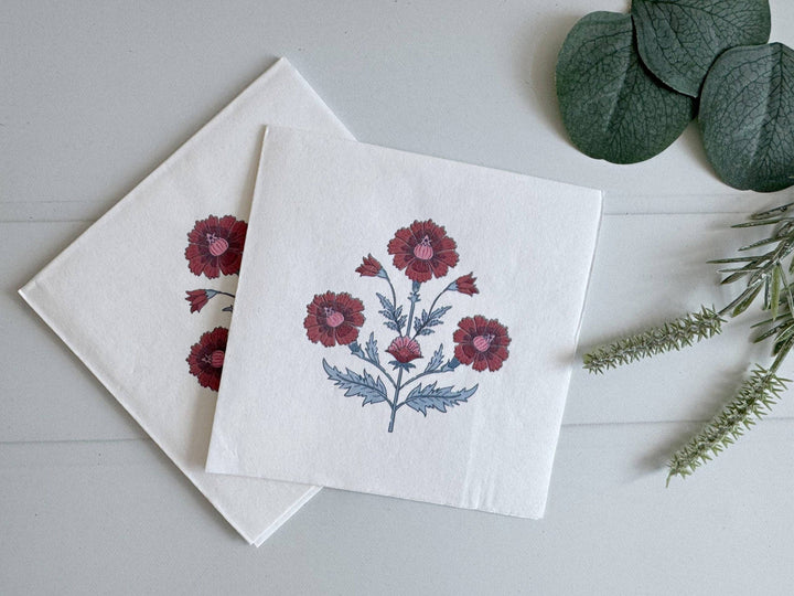 Pink & Blue Floral Block Print Cocktail Napkins