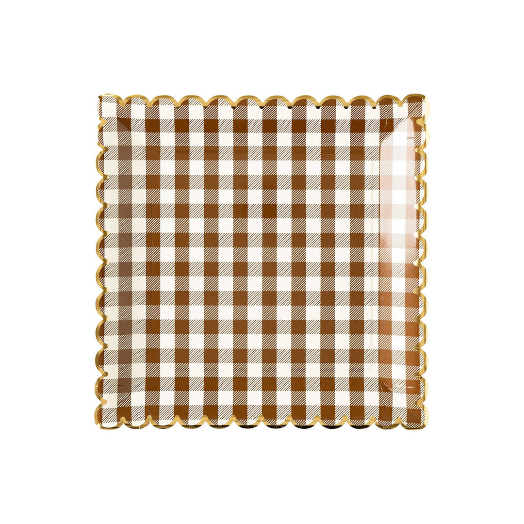 Gingham Scalloped Paper Plates, Brown S/8