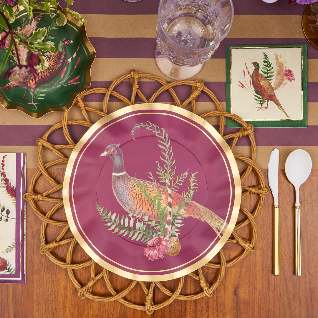 Pheasant Paper Appetizer/Dessert Plate in Green, S/8