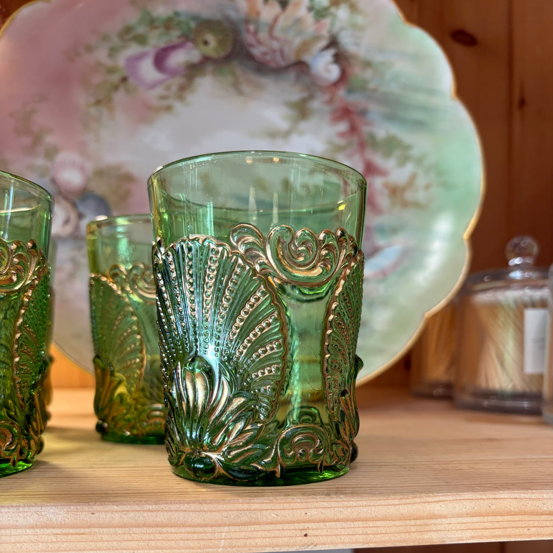 Vintage Shell Lowball Glasses, Green & Gold S/4