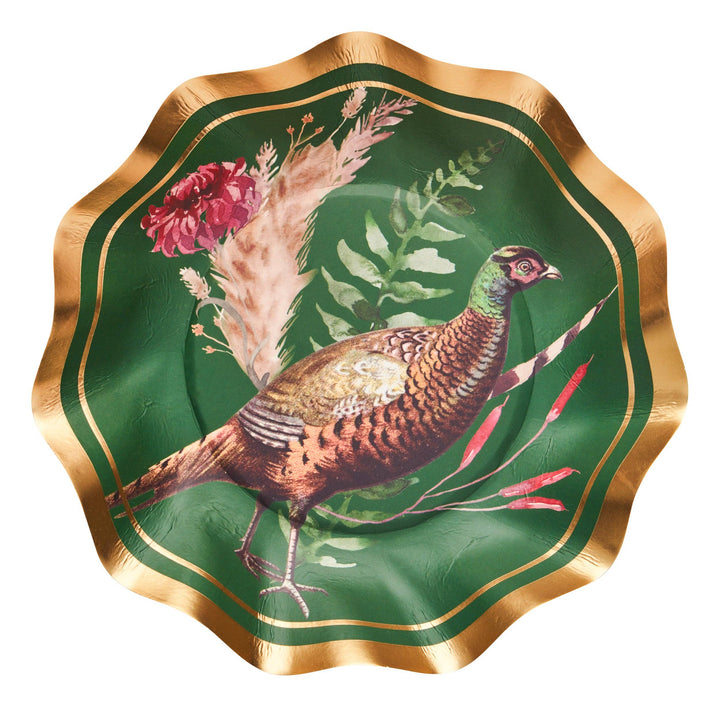 Pheasant Paper Appetizer/Dessert Plate in Green, S/8