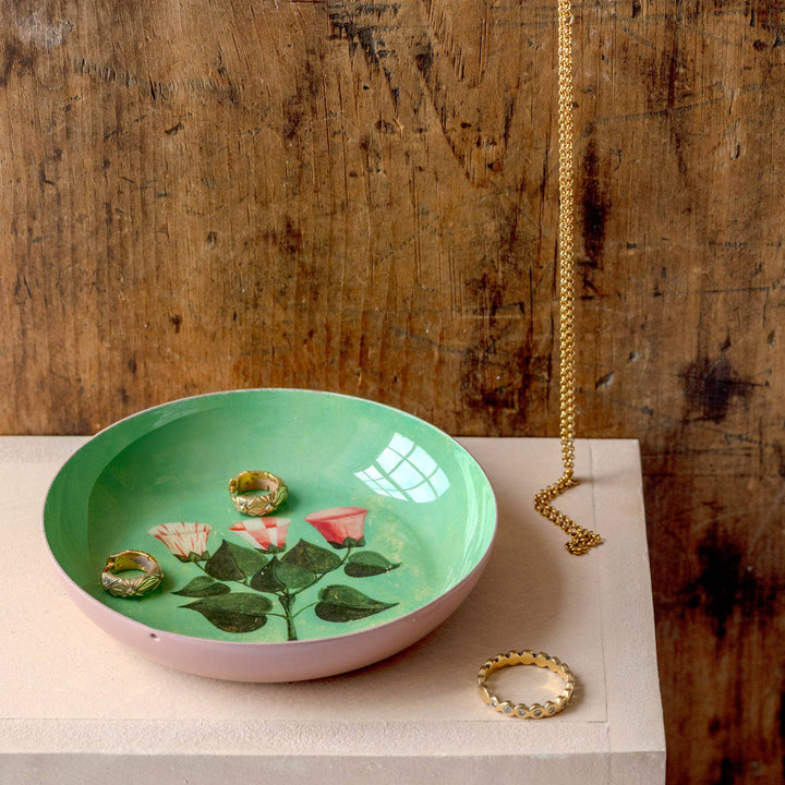 Floral Round Enamel Tray in Green