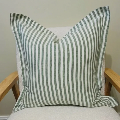 French Linen Pillow in Green Stripe, 20x20