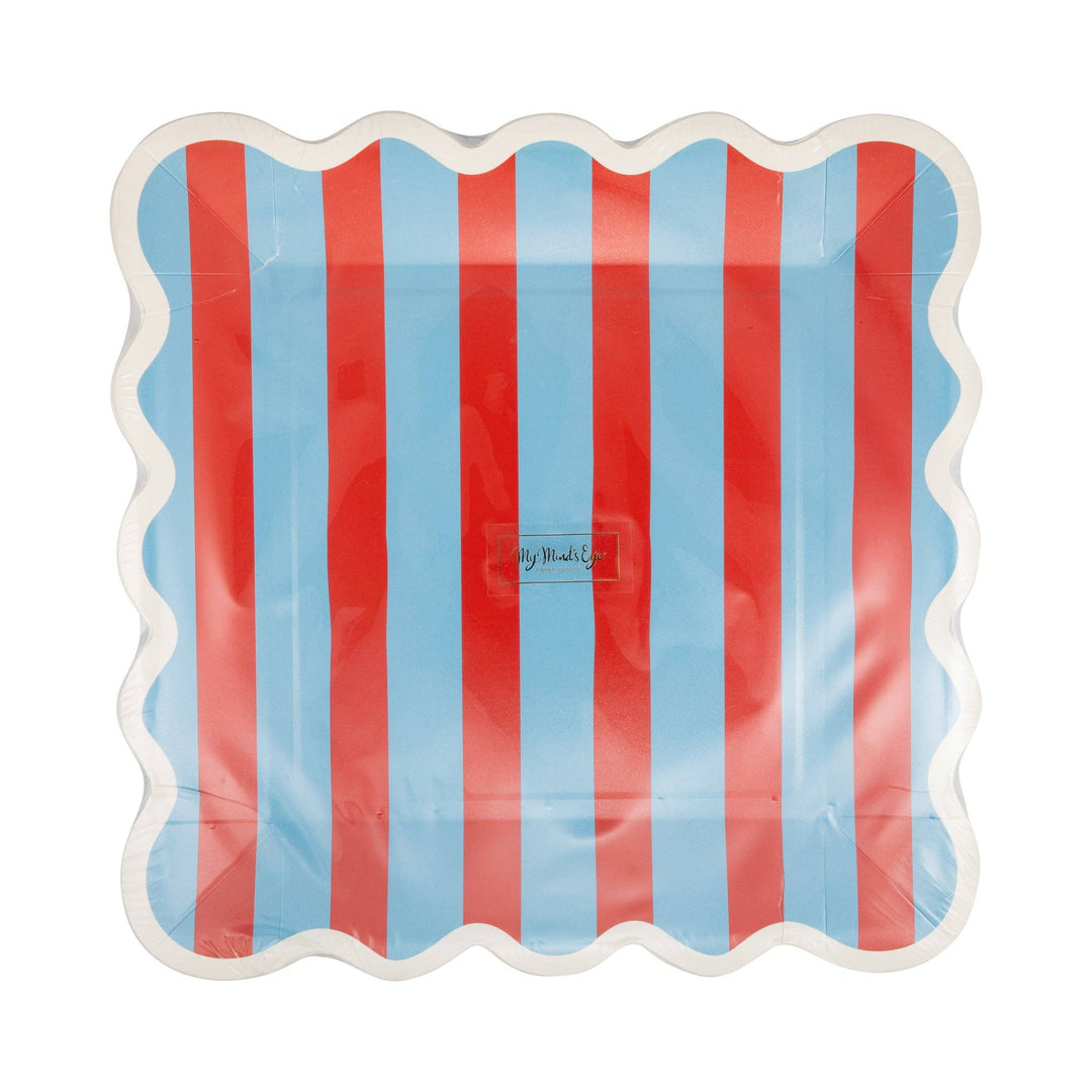 Striped Paper Plate in Blue and Red, 9"