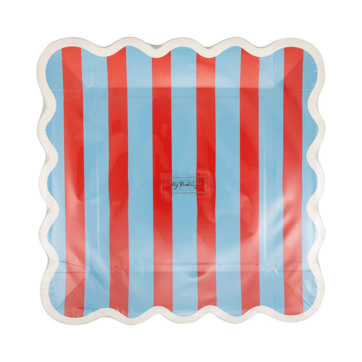 Striped Paper Plate in Blue and Red, 9"