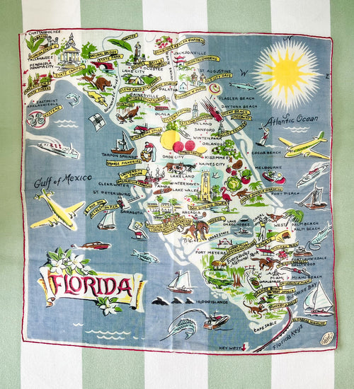 Vintage Florida Map Scarf, Blue and Red