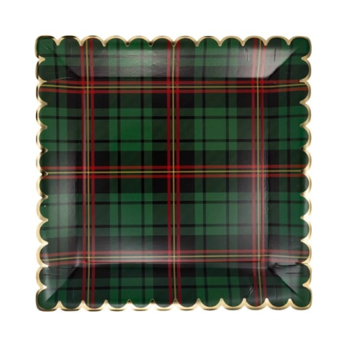 Christmas Plaid Square Scalloped Plates, Green
