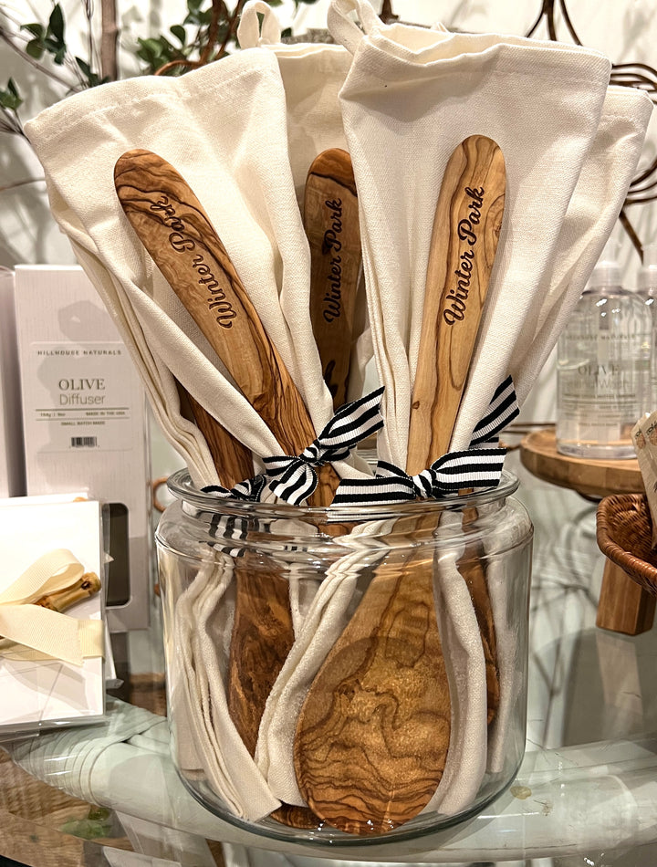 Winter Park Olive Wood Serving Spoon & Towel Gift Set