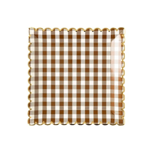 Gingham Scalloped Plates, Brown
