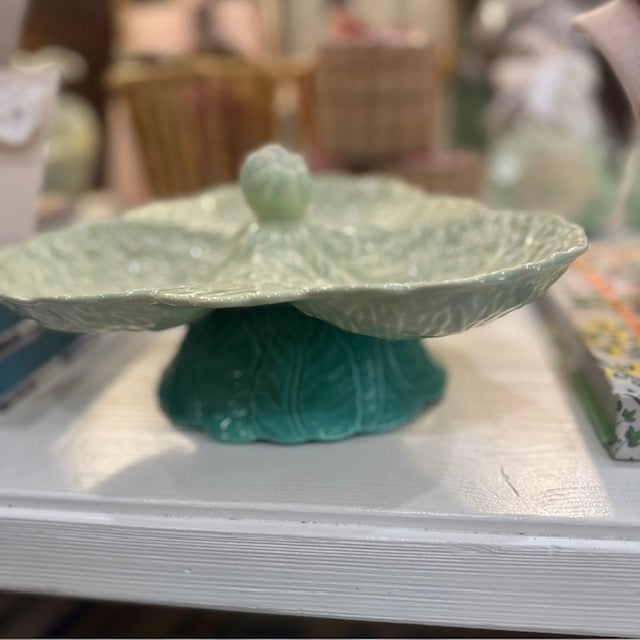 Vintage Cabbage Dish Pedestal in Celadon